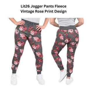 Lit26 Fleece Jogger Pants Black Pink Rose Print Large